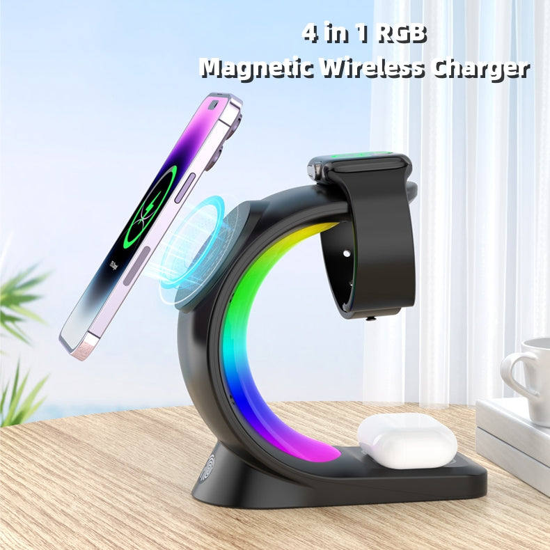 Revolutionary 4-in-1 Magnetic Wireless Charger - Fast, Stylish Charging Station for iPhone, AirPods Pro & Apple Watch with Ambient RGB Lighting