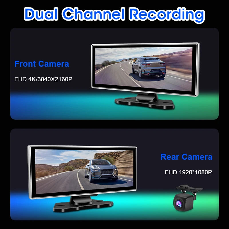 Experience Ultimate Clarity with the 10/11.26 Inch 4K Dash Cam - Dual Lens Car DVR with Wireless Carplay & Android Auto, GPS Navigation & Advanced Features!