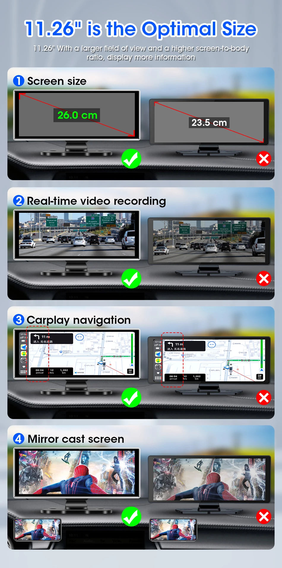 Experience Ultimate Clarity with the 10/11.26 Inch 4K Dash Cam - Dual Lens Car DVR with Wireless Carplay & Android Auto, GPS Navigation & Advanced Features!