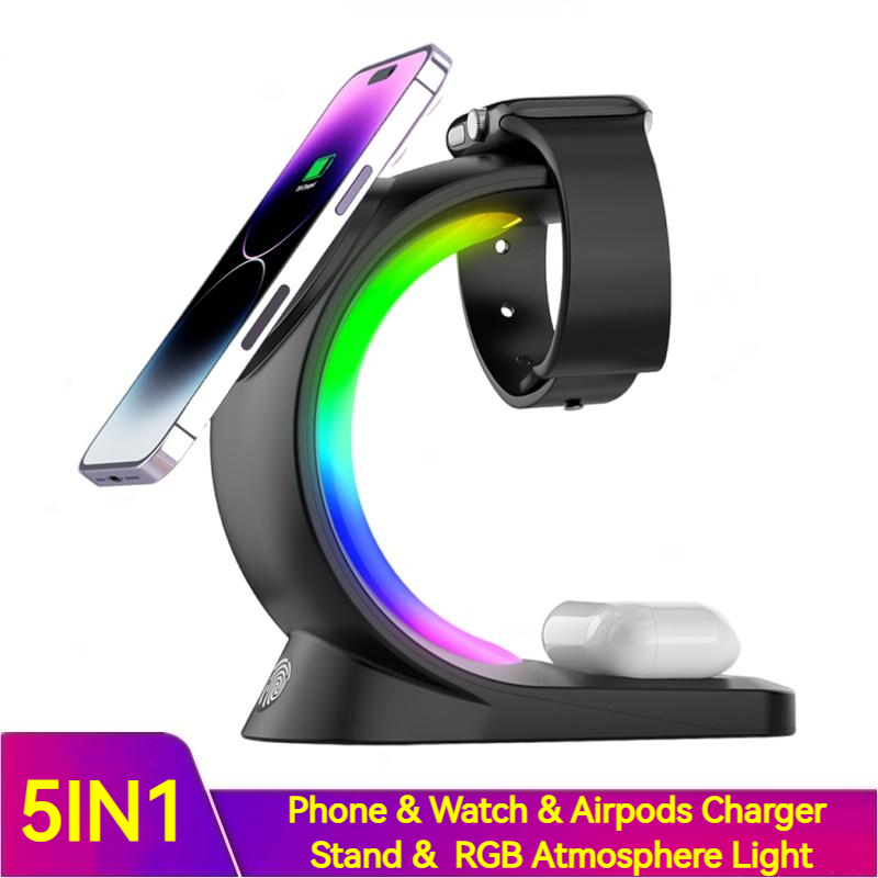 Revolutionary 4-in-1 Magnetic Wireless Charger - Fast, Stylish Charging Station for iPhone, AirPods Pro & Apple Watch with Ambient RGB Lighting